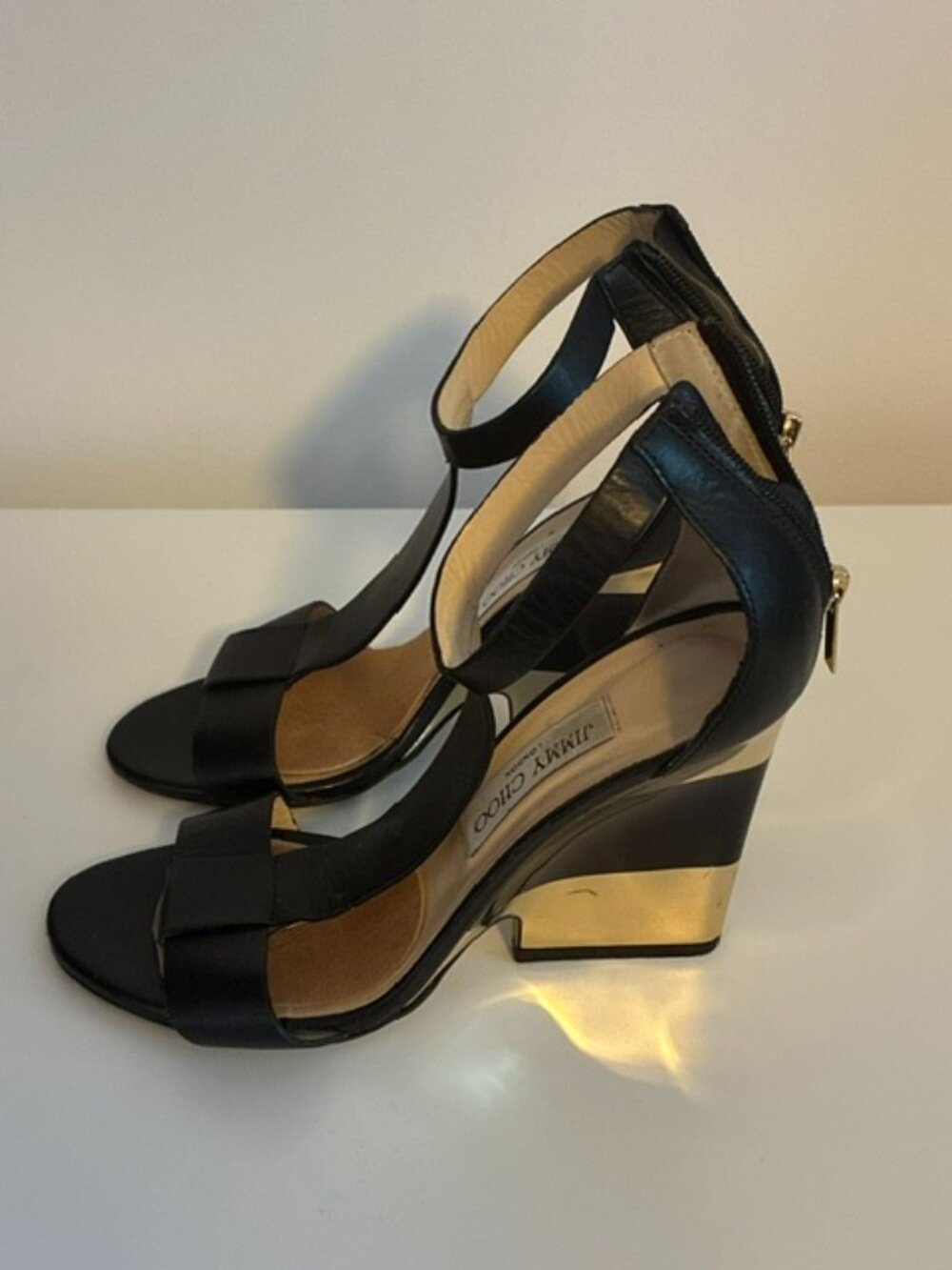 Jimmy Choo black leather wedge open toe sandals
